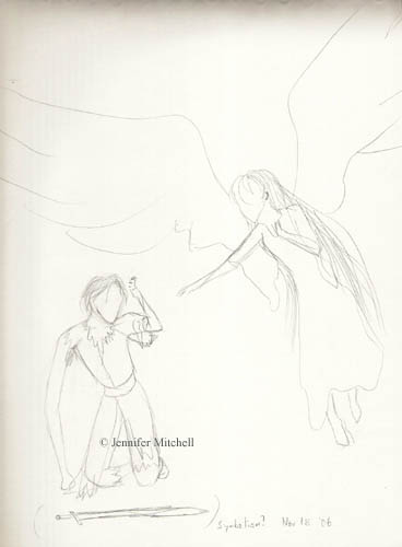 Angel and fallen and a sword in brackets